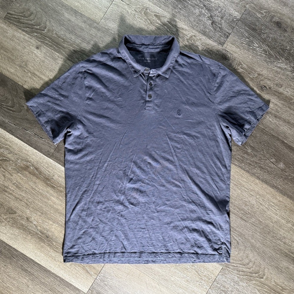 John Varvatos Polo Shirt Mens Large Blue Pique Cotton Peace Sign Embroidered